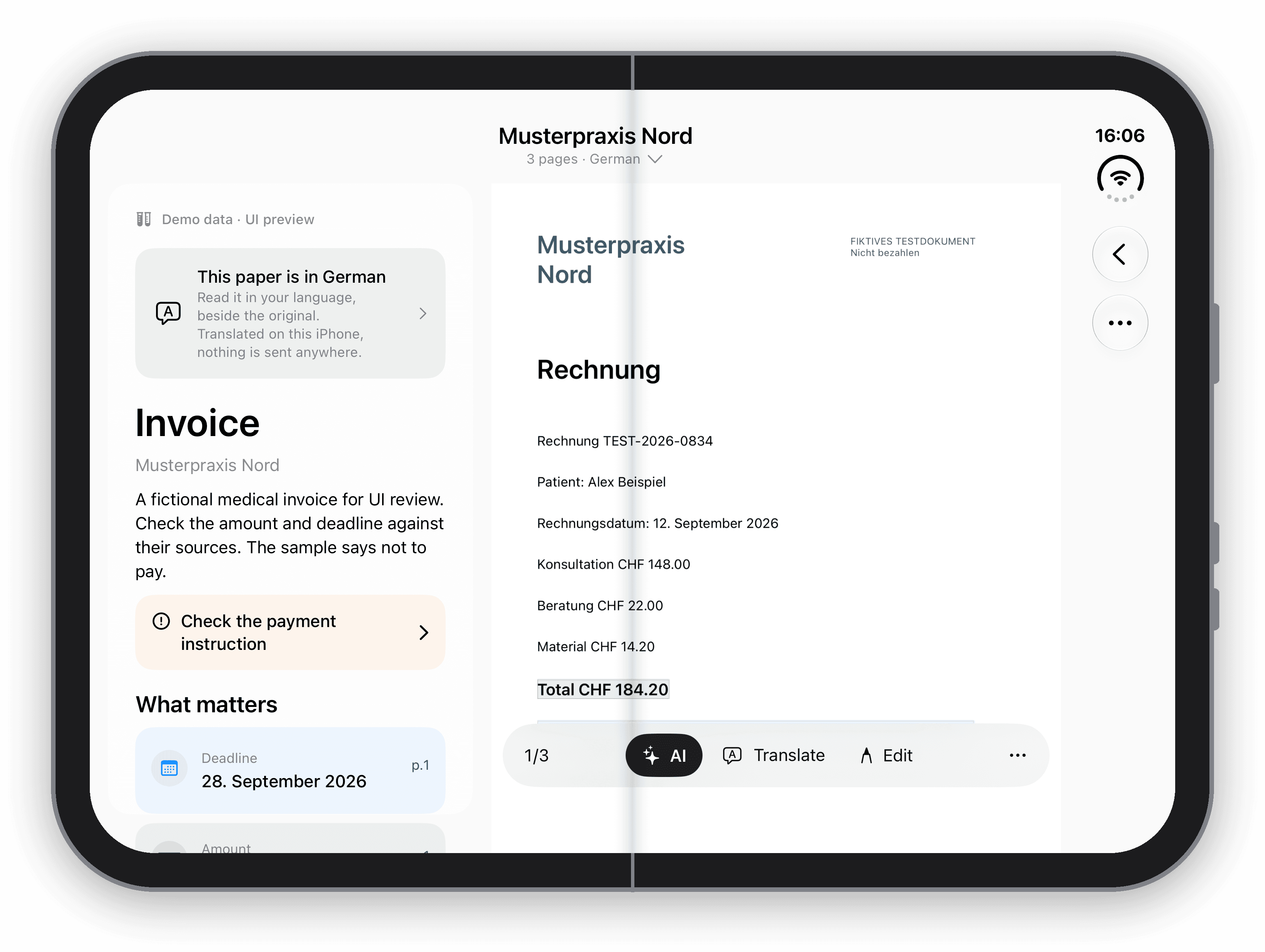 PaperDuo on an expanded iPhone Duo, showing labeled sample analysis beside its original document