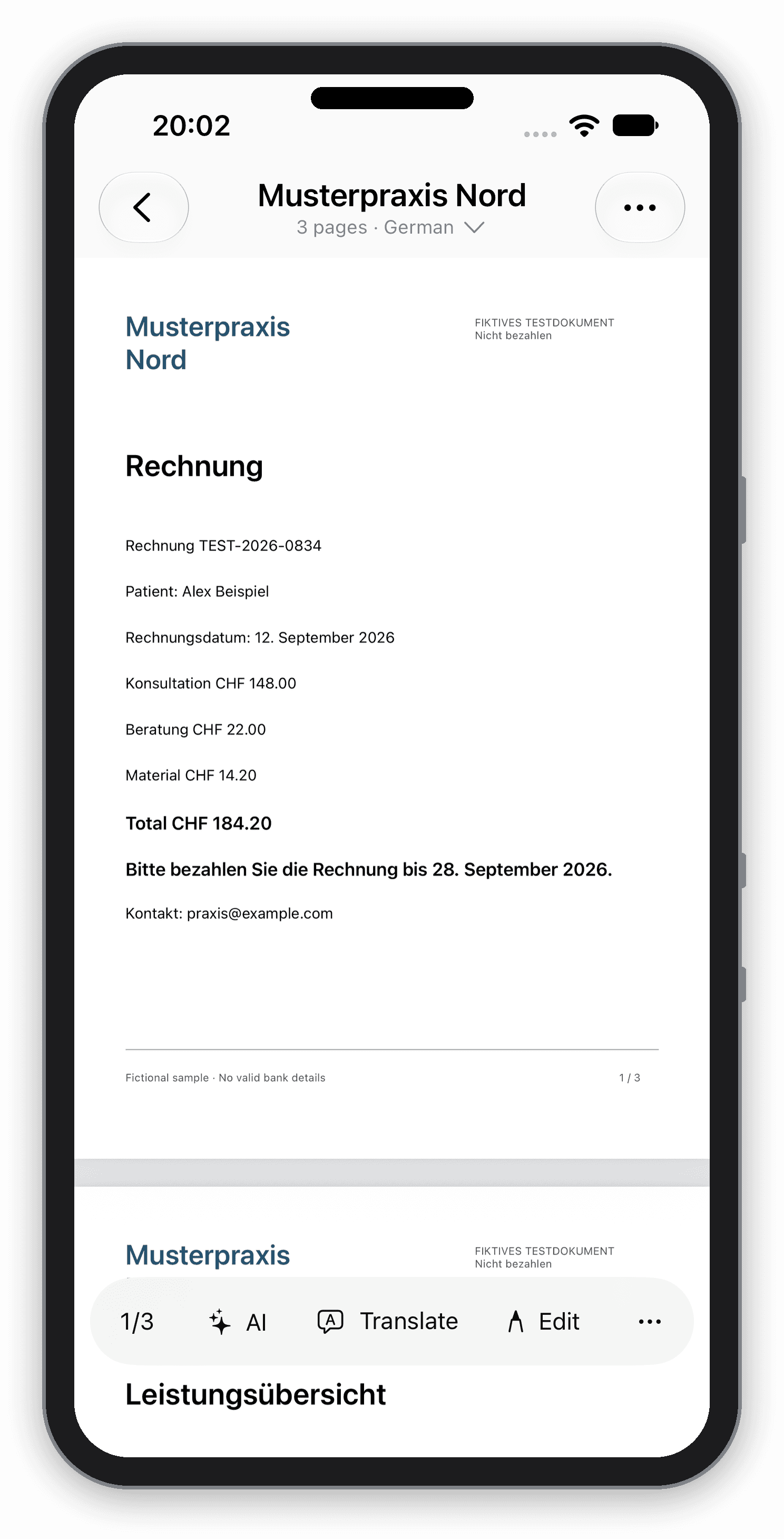 PaperDuo reading a fictional sample document on a standard iPhone