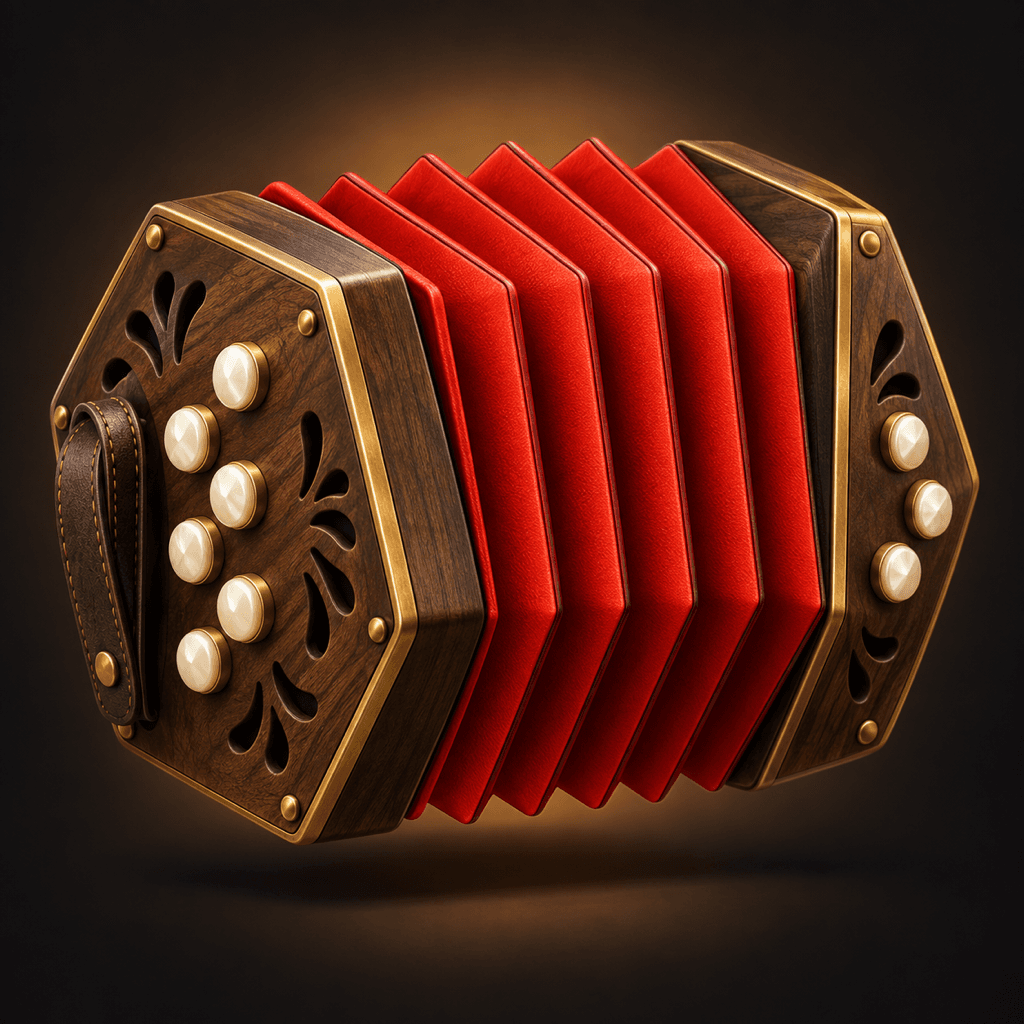 Foldeon concertina with red bellows, wooden ends, brass trim and pearl keys